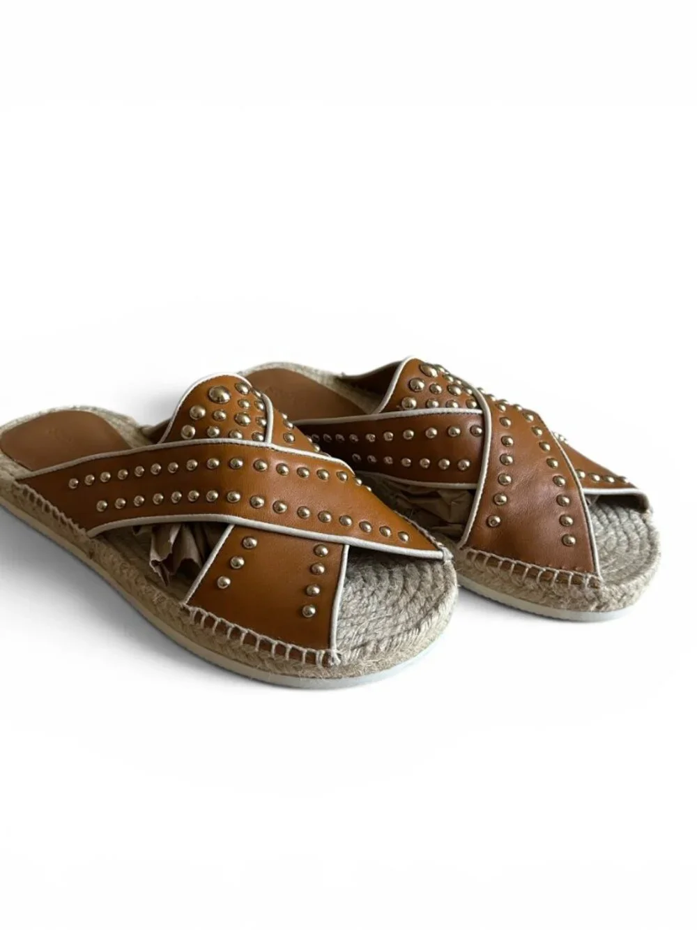 See By Chloé Pia Studded Leather Espadrille Slide Sandals Brown EU 37 US 7